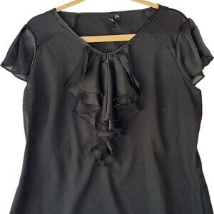 Milano Size XL Black Ruffle Zip Front Top Split Flutter short Sleeve Blouse
